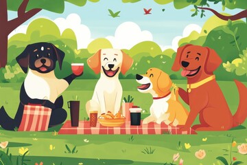 Naklejka premium Four happy dogs enjoying a picnic together on a sunny day