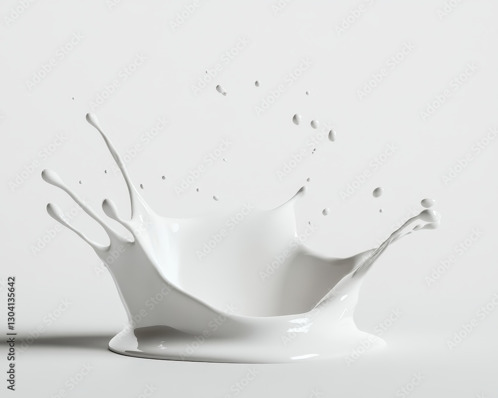 Poster splash of fresh white liquid creating dynamic droplets against a bright background in a studio setti
