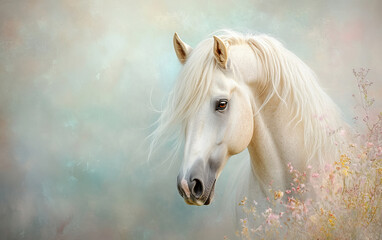 Elegant White Horse with Flowing Mane in Soft Pastel Dreamy Landscape