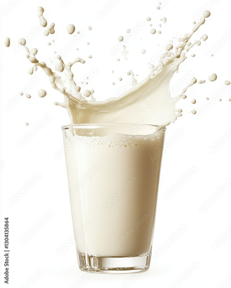 Poster splashing milk in a glass captured in high resolution with creative white background for dairy and b