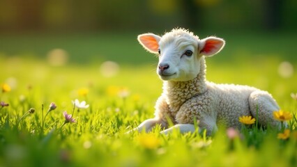 Obraz premium A Fluffy Lamb Resting Serenely in a Sunlit Meadow of Blooming Wildflowers