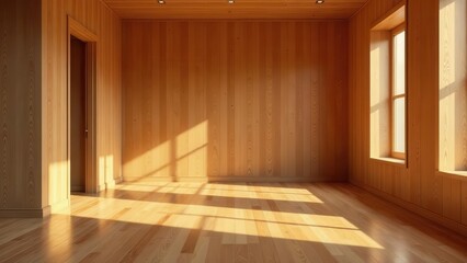 Fototapeta premium Warm Sunlight Illuminates an Empty Room with Wooden Walls and Floors, Creating a Serene and Inviting Atmosphere