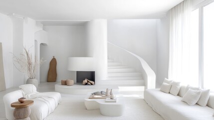 Modern white minimalist living room interior design, curved staircase, natural light
