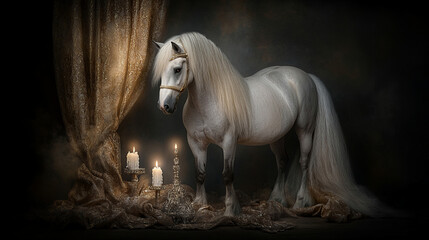 Majestic White Horse in Luxurious Candlelit Setting with Golden Drapes and Regal Atmosphere
