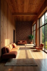 Naklejka premium Sunlit Modern Living Room with Warm Wood Accents and a Log Wall Feature