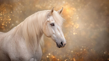 Elegant White Horse in Golden Bokeh Light – Majestic Equine Portrait with Warm Autumn Glow