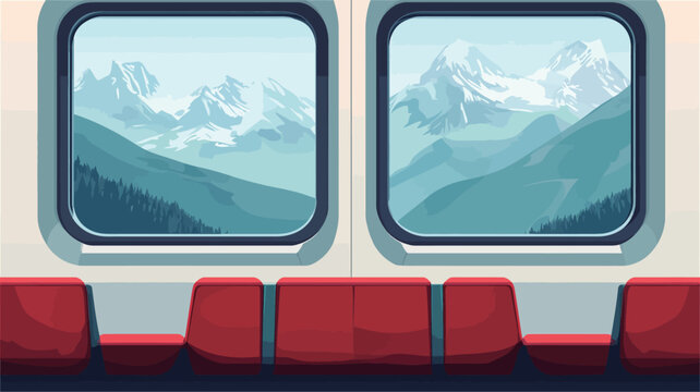 The image depicts a stylized illustration of two train windows, showcasing a mountainous landscape. The windows are rectangular with a slightly rounded corners, set within a white frame.