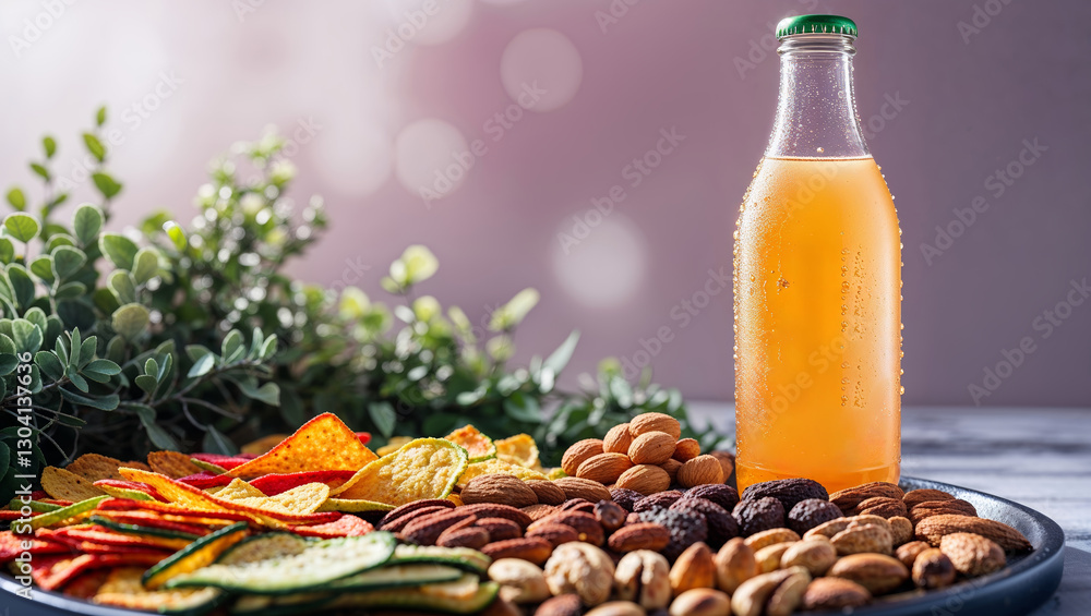 Poster assorted snacks and a refreshing drink displayed on a table with a blurred background