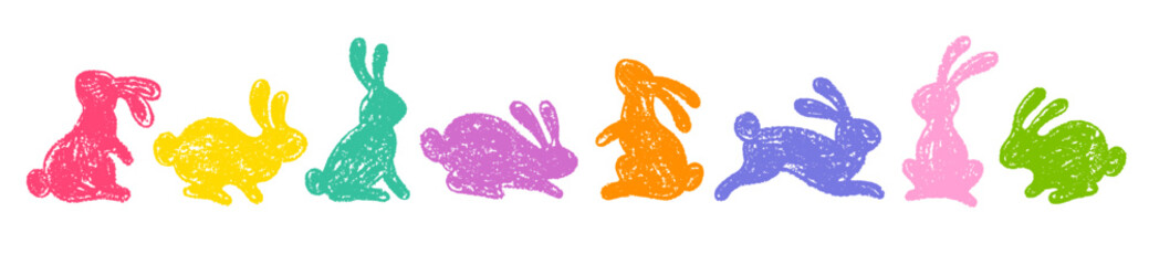 Easter bunny silhouette. Crayon rainbow rabbit icon. Vector hare animal, cute kid chalk illustration background. Happy Easter color crayon pastel bunny set. Cute scribble kindergarten rabbit shape bg