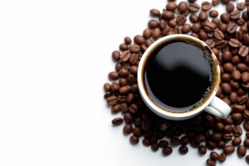 Obraz premium Aromatic Brew Dark Coffee in a White Cup Surrounded by Roasted Beans on a White Background