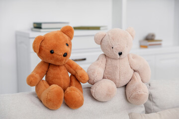 Cute teddy bears on sofa at home