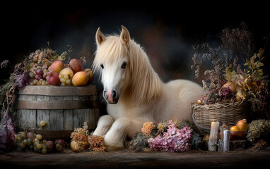 Elegant White Pony with Autumn Harvest – Grapes, Apples, and Wine Barrel in Rustic Still Life