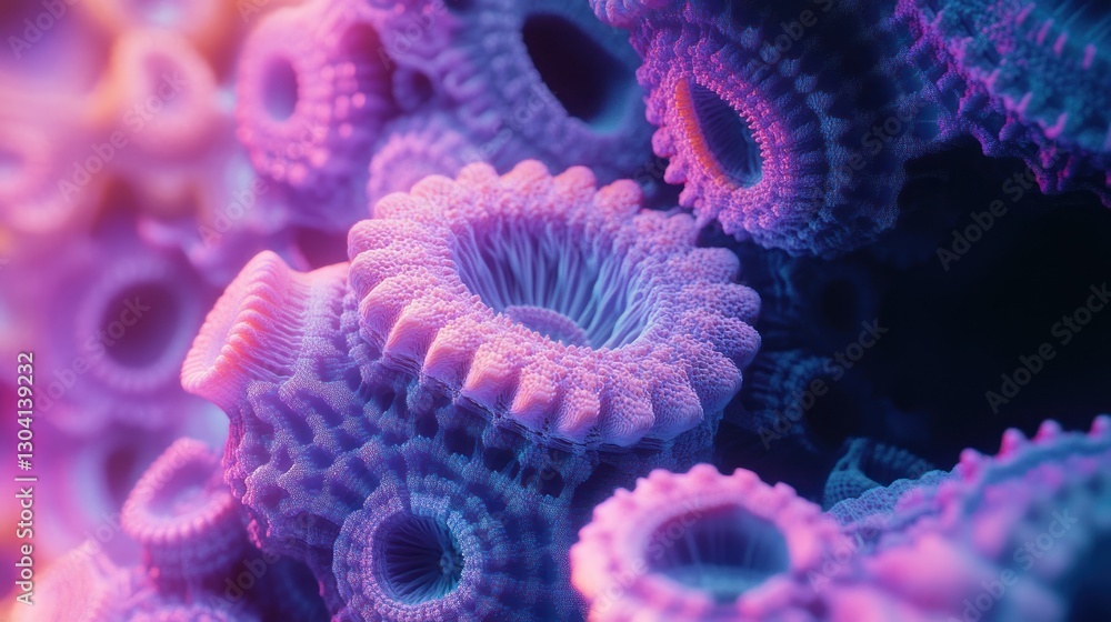 Poster close-up of vibrant, bioluminescent coral-like structures with intricate textures and glowing colors