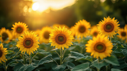 Obraz premium vibrant field of sunflowers basking in warm spring sunlight, creating serene and joyful atmosphere. golden blooms stand tall against blurred green background, capturing essence of nature beauty