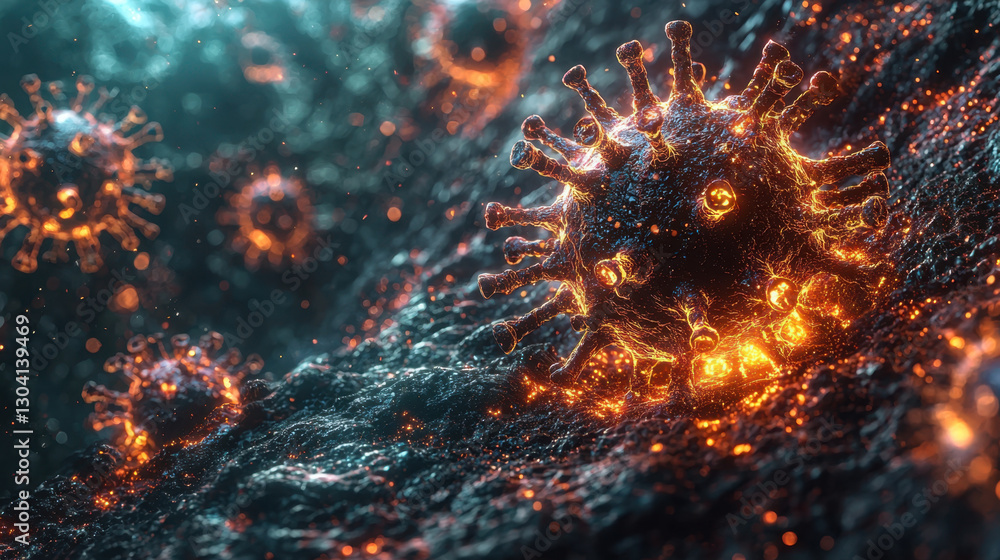 Poster glowing, futuristic representation of virus particle in digital environment, showcasing intricate de
