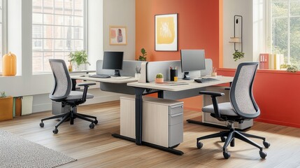Modern office workspace, two desks, ergonomic chairs, bright room, collaborative work