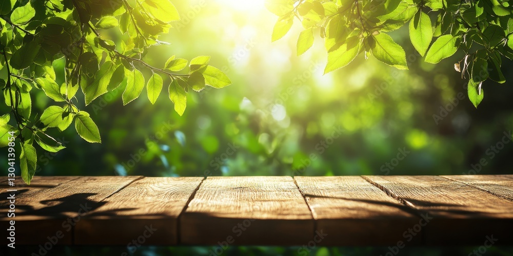 Poster sunlight filtering through green leaves over a rustic wooden table in a lush forest background for a