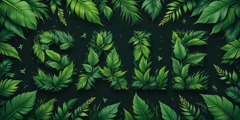 Green Leaf Sale Announcement. Lush Foliage Design. Eco-friendly Promotion Concept. Sustainable Business Offer. Attractive Visual. Discount Advertisement. Leafy Letters On Black Background.