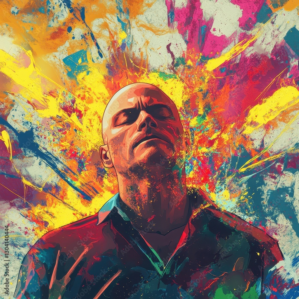 Poster a man with a shaved head and abstract colorful backdrop