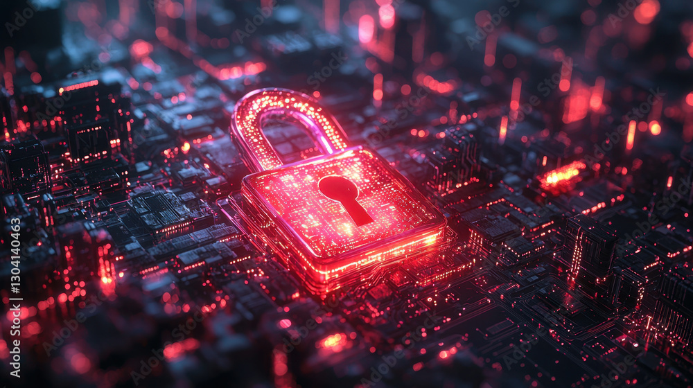 Poster glowing cyber lock protecting futuristic digital network, symbolizing security. lock is surrounded b