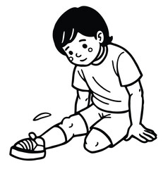 Little boy sitting on the floor and crying in doodle style cartoon design vector sketch freehand outline hand drawn picture sketchy line art icon sign silhouette illustration