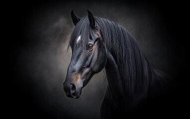 Elegant Black Horse Portrait with Dramatic Lighting on a Dark Background