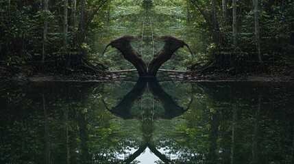 Dark Green Mangrove Forest Reflection in Still Water