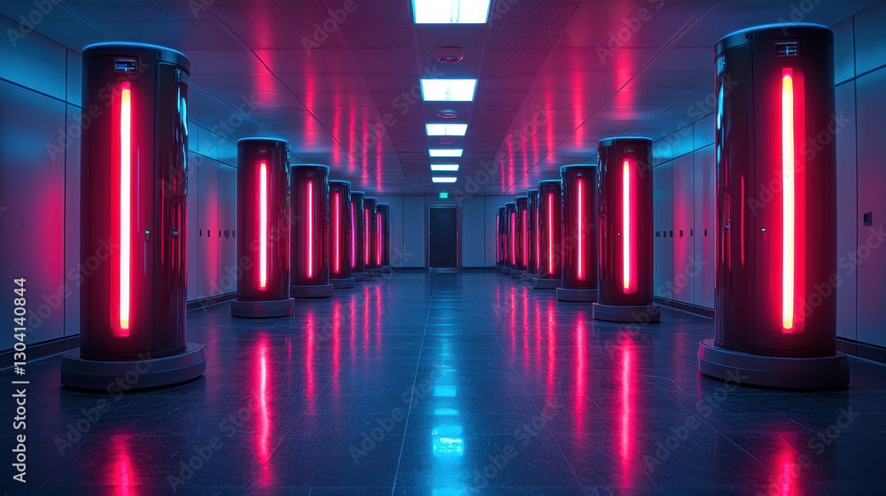 Poster futuristic server room with glowing red lights and advanced technology, creating high tech atmospher