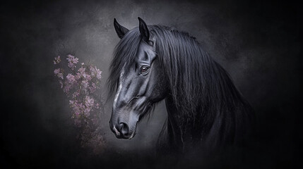 A dramatic chiaroscuro portrait of a Lusitano horse, jet-black coat blending into a dark background.