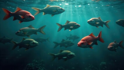 Fototapeta premium School of fish swimming in deep ocean water, sunlight rays filtering through the surface creating a radiant underwater scene