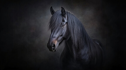 A dramatic chiaroscuro portrait of a Lusitano horse, jet-black coat blending into a dark background. 
