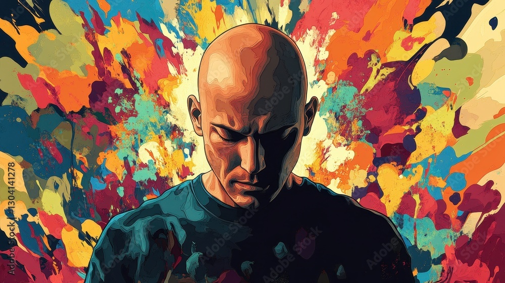 Poster a bald man with artistic and colorful background splashes
