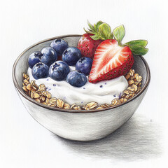 bowl of yogurt topped with fresh blueberries, strawberries, and granola, beautifully sketched and colored with pencils, creating vibrant and appetizing illustration