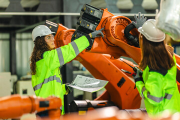 Engineer Reviewing Blueprint in Robotic Facility