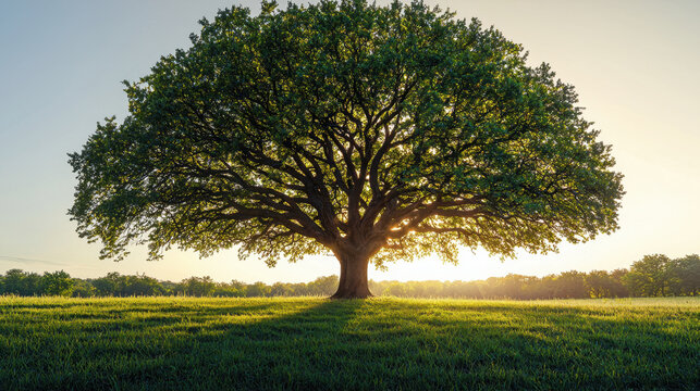 majestic oak tree with fresh green leaves stands in sunlit field, casting long shadows on grass. serene landscape is bathed in warm, golden light, creating peaceful atmosphere