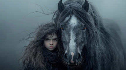 Mysterious Girl with Dark Hair Standing Beside a Majestic Black Horse in a Foggy Atmosphere