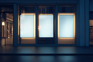 Three blank glowing billboard mockups on a storefront at night. Warm lighting and reflections create a modern advertising scene, perfect for branding and marketing presentations