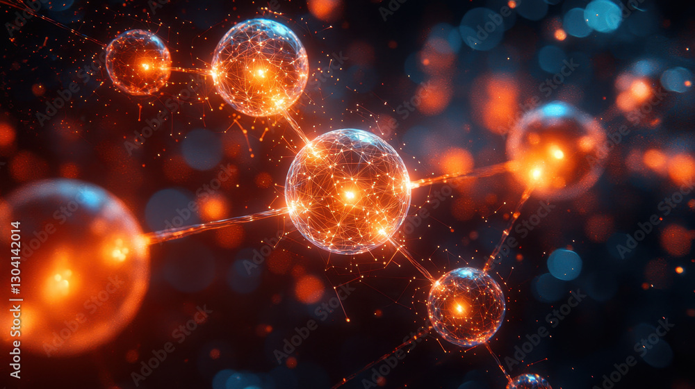 Poster glowing interconnected spheres represent quantum internet network, with vibrant orange and blue hues