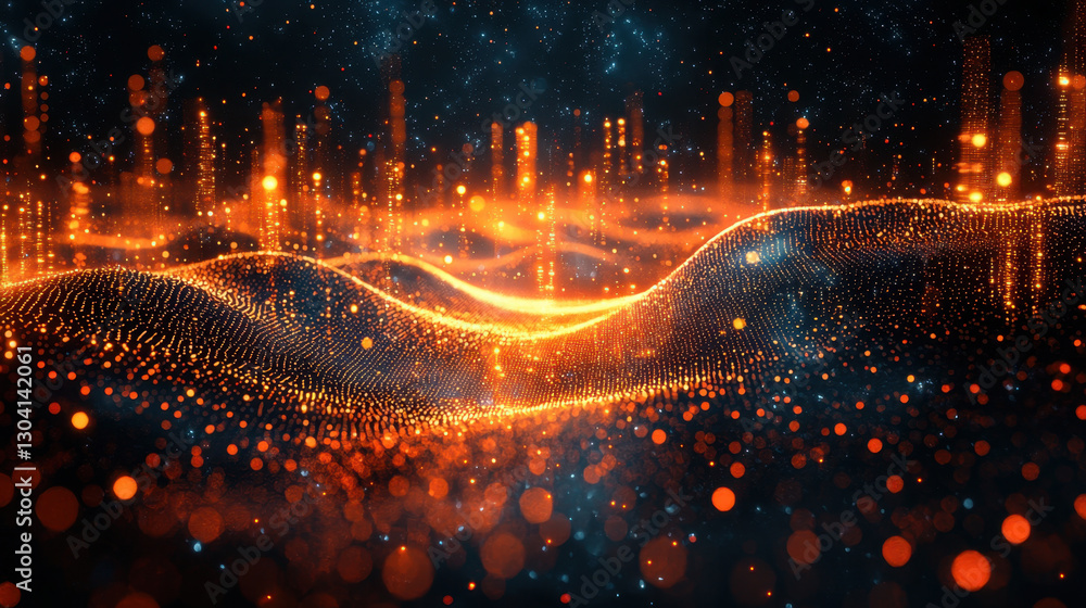Poster glowing digital landscape with orange and blue lights represents quantum internet network, visualize
