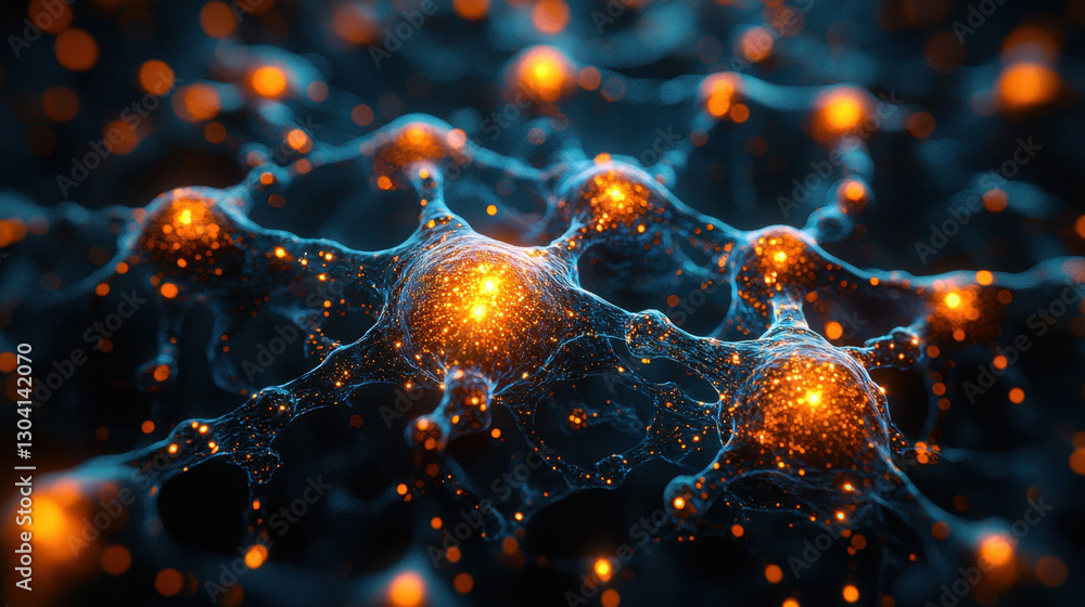Poster glowing network of interconnected nodes visualizes quantum internet concept, with vibrant orange and