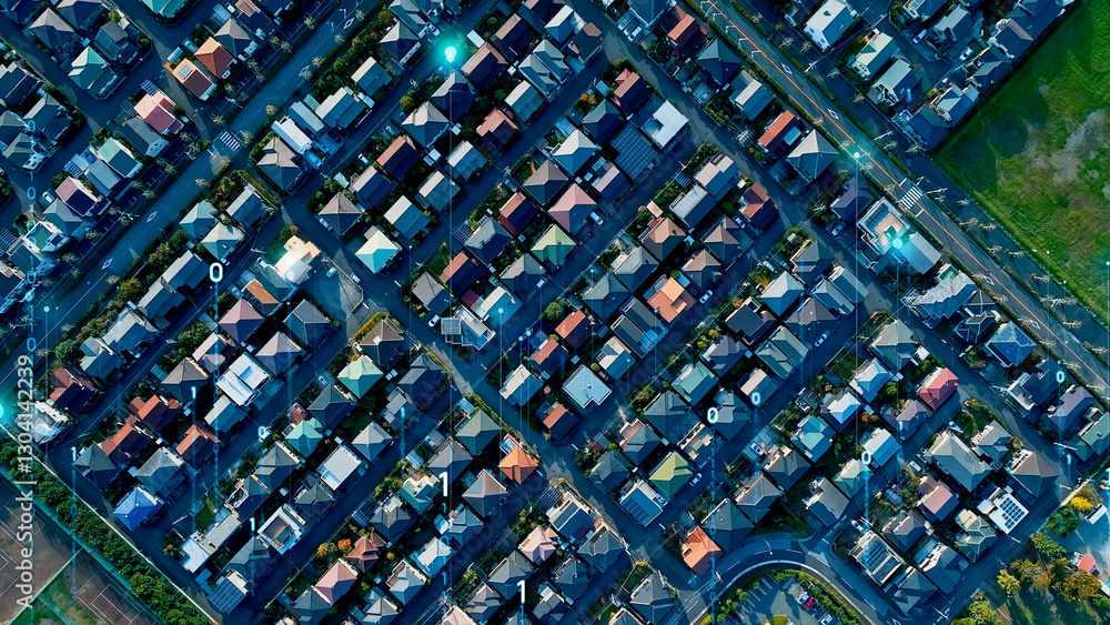 Leinwandbilder 都市、空撮、道路、住宅地、街、風景、町並み、デジタル、DX、住宅、社会、テクノロジー、データ、未来、真俯瞰、ドローン、スマート、タウン、ホーム、ハウス、建築、建設、不動産、土地、区間、クラウド、アップロード、スピード、AI、ネットワーク、環境、ハイアングル、進化、進歩、前進、技術、バージョンアップ、システム、プログラミング、エレクトロニクス、オンライン、web、インターネット、通信、交通、行政、暮