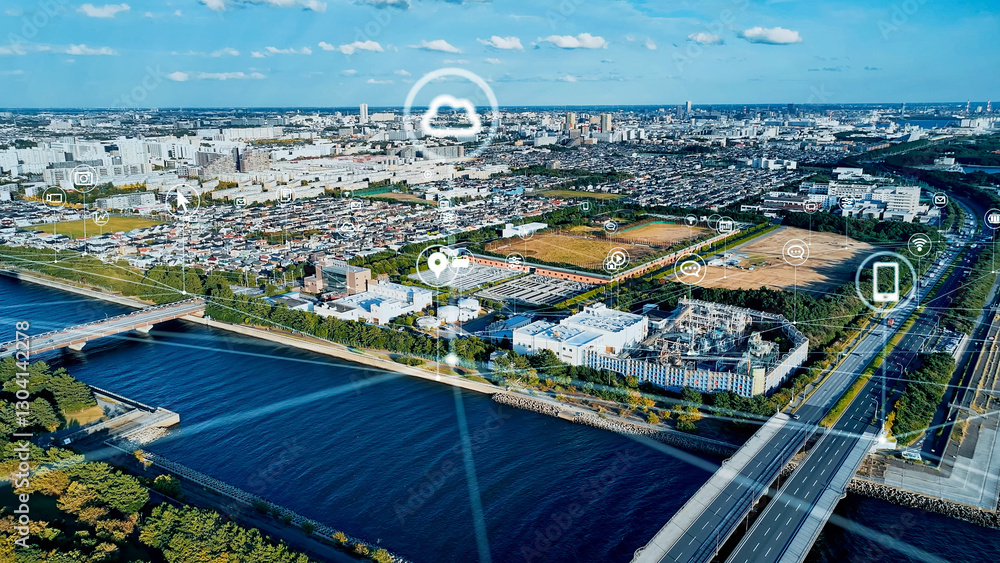 Aufkleber ネットワーク、空撮、道路、交通、都市、住宅、不動産、ドローン、俯瞰、社会、未来、繋がる、IoT、ICT、internet of things、技術、テック、テクノロジー、GPS、位置情報、地平線、青空、環境、森林、工場、産業、工業、経済、マンション、建設、建築、設計、行政、公共、自治体、DX、デジタル、トランスフォーメーション、コミュニケーション、テレコミュニケーション、回線、電波、接続、LPWA