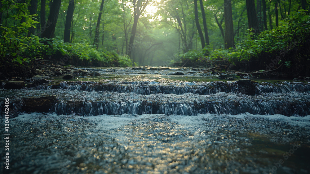 Aufkleber scenic view of river flowing through forest with lush green trees and sunlight filtering through can