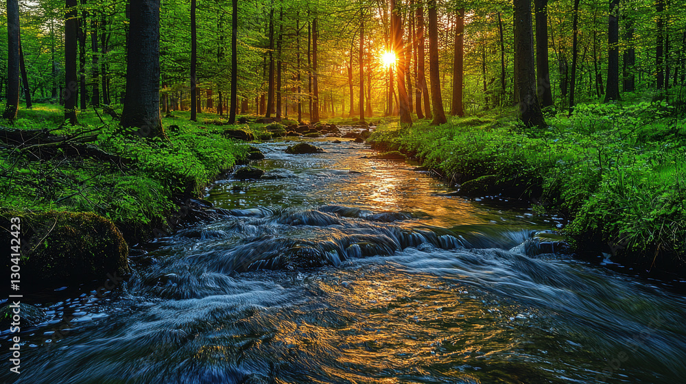Poster scenic view of river flowing through forest with sunlight filtering through trees, creating serene a