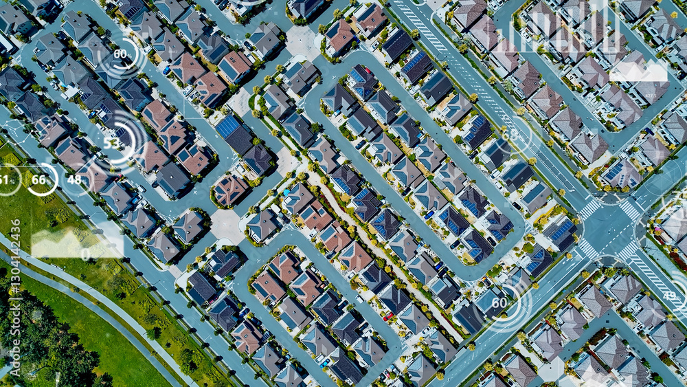 Poster 住宅、住宅地、空撮、グラフ、都市、データ、建築、設計、建設、不動産、価格、経済、経営、金融、投資、資産運用、住まい、マイホーム、地下、値段、インフレ、スマート、ハウス、ホーム、タウン、テクノロジー、技術、未来、発展、成長、社会、道路、市場、分析、マーケティング、マネー、取引、売買、行政、自治体、LGWAN、公共、生活、真俯瞰、コスト、費用、計測、測量、ドローン、測定