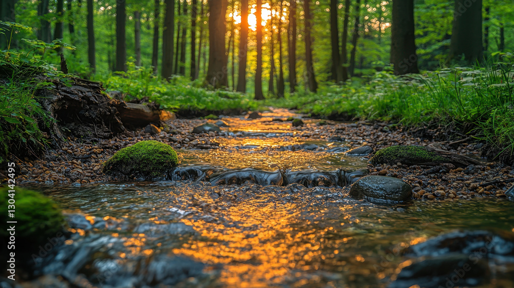 Aufkleber serene forest stream flows gently over pebbles, illuminated by warm glow of setting sun filtering th
