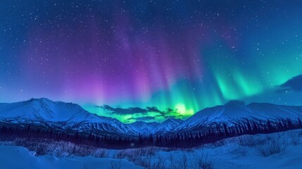 Naklejka premium Stunning Aurora Borealis Over Snowy Mountain Landscape Under Starry Sky