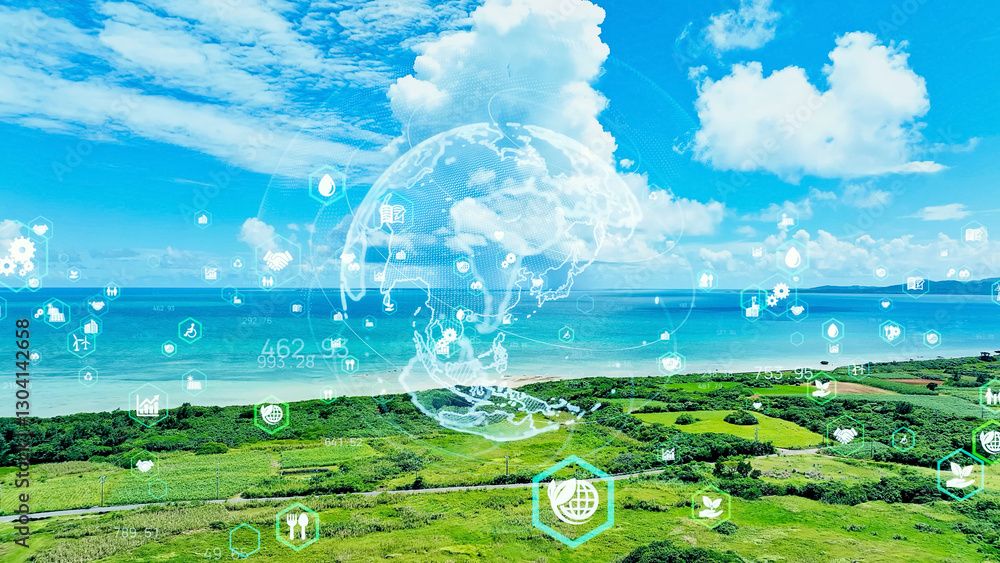 Poster 空撮、海岸、サステナビリティ、環境、海洋、SDGs、サステナブル、青空、自然、エネルギー、観光、旅行、テクノロジー、グローバル、地球、技術、テック、未来、グリーン、クリーン、ドローン、俯瞰、展望、パノラマ、水平線、漁業、水産、リゾート、トロピカル、南国、カーボンオフセット、カーボンニュートラル、カーボンフリー、ゼロエミッション、グリーントランスフォーメーション、GX、SX、フェアトレード、ESG投