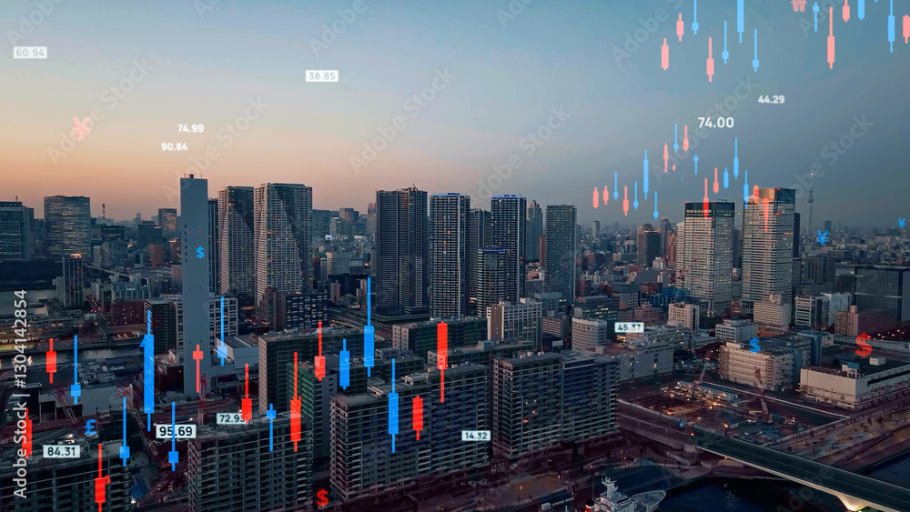 Aufkleber 都市、空撮、都会、金融、経済、株価、株式、未来、社会、投資、資産運用、チャート、インデックス、ETF、iDeCO、NISA、積立、保険、上場、企業、取引、証券、俯瞰、ドローン、ハイアングル、展望、パノラマ、風景、現代、建設、建築、ビル、不動産、価格、マネー、成長、戦略、経営、分析、景気、システム、データ、先物、FX、現物、売買、変動、高騰、暴落、cg