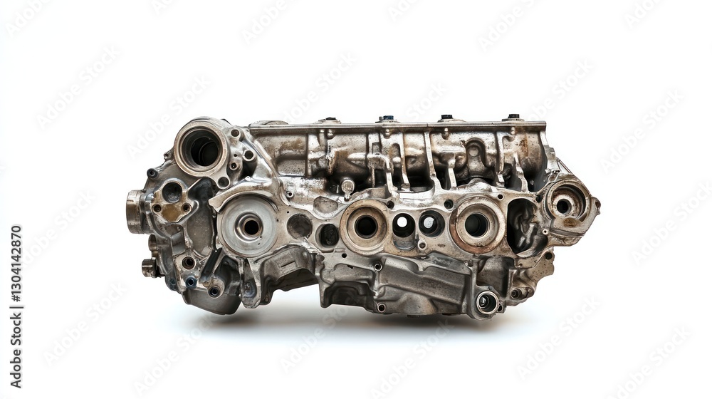 Poster close-up view of a disassembled, used car engine block isolated on white background.